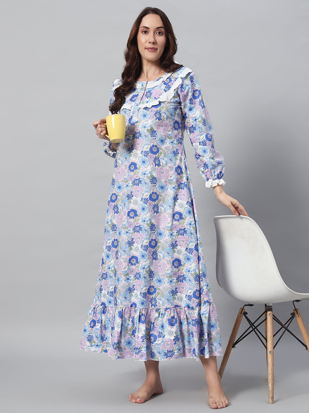 Blue Floral Printed Night Gown – Elegant & Comfortable Sleepwear For Women