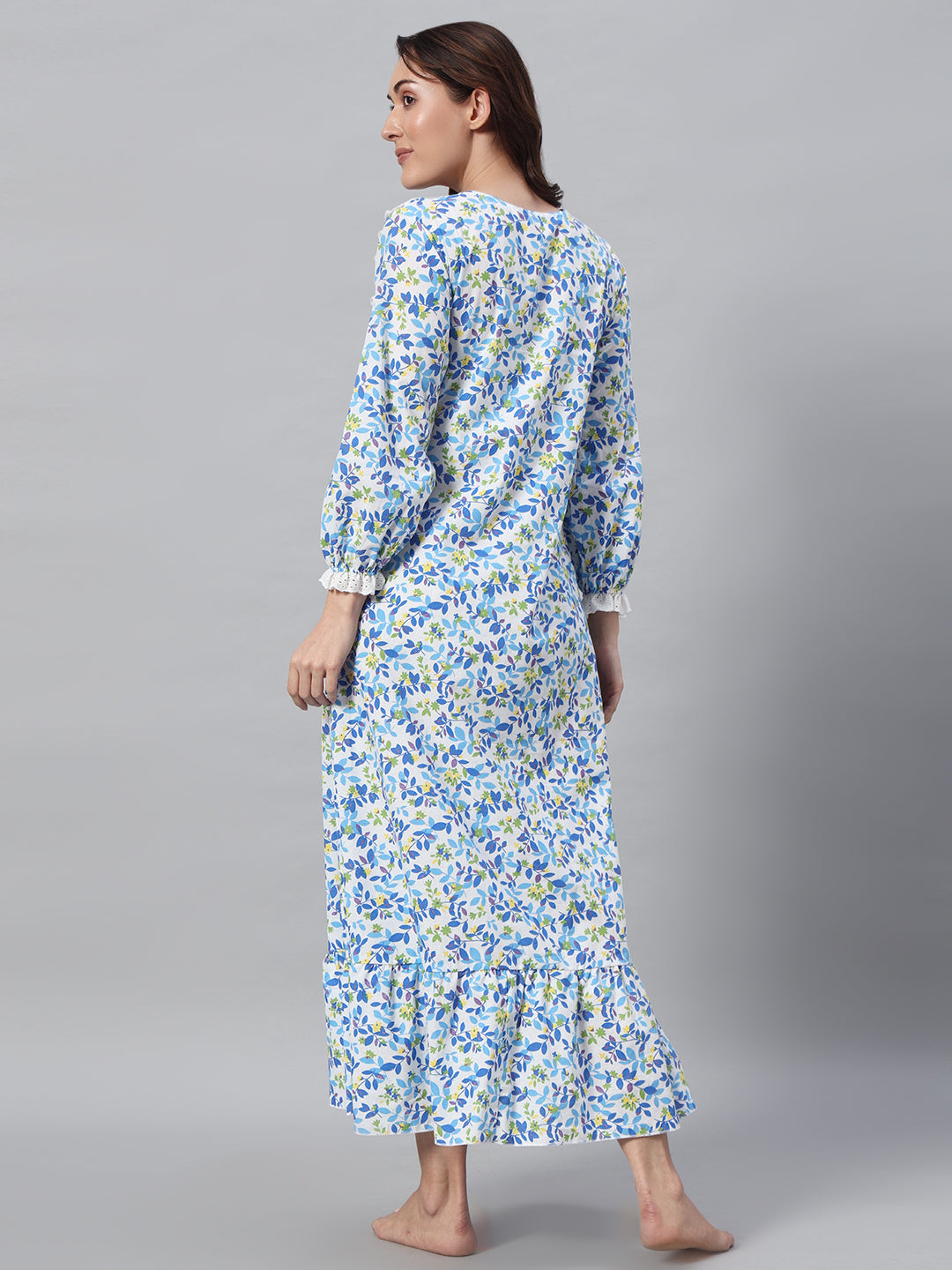 🌸 Blue Floral Printed Night Gown – Soft & Elegant Sleepwear