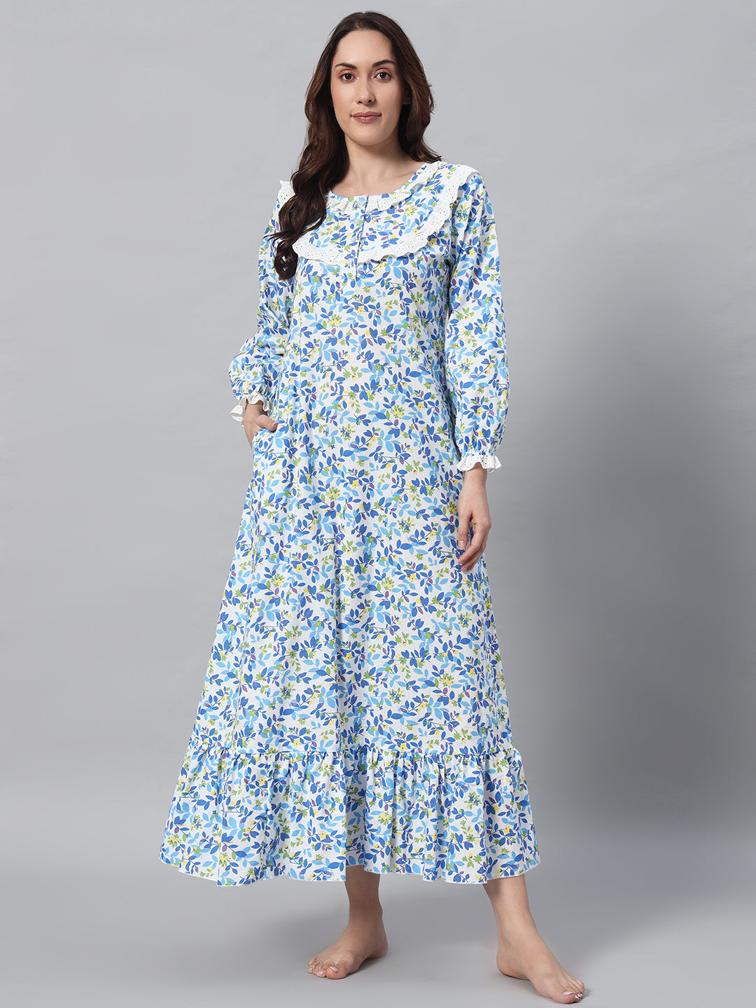 🌸 Blue Floral Printed Night Gown – Soft & Elegant Sleepwear