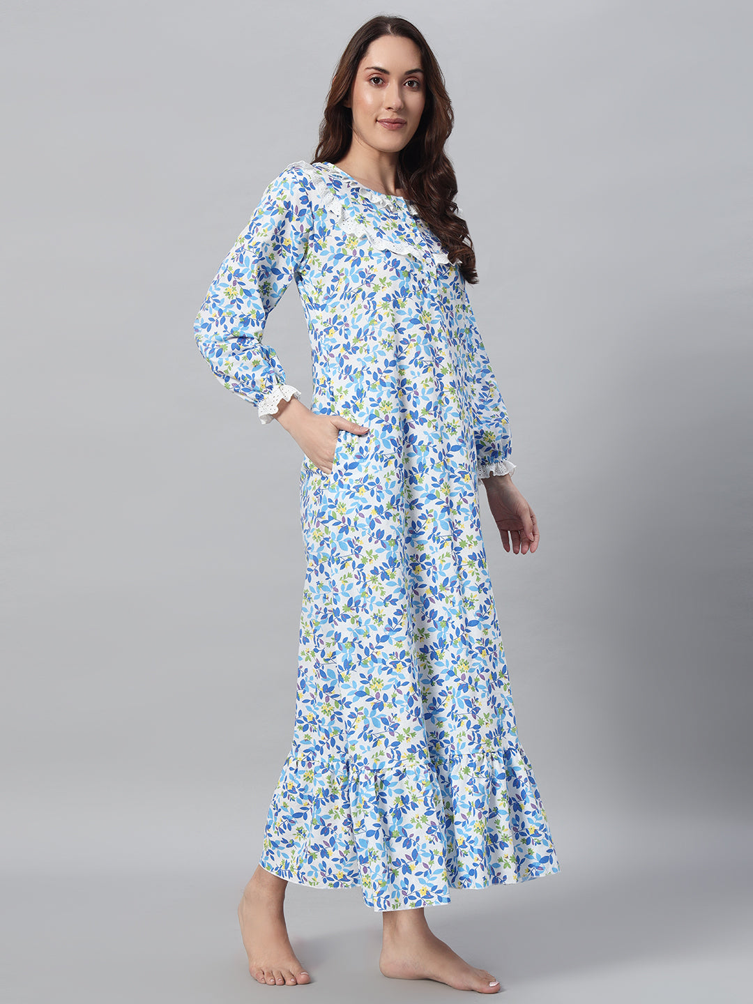 🌸 Blue Floral Printed Night Gown – Soft & Elegant Sleepwear