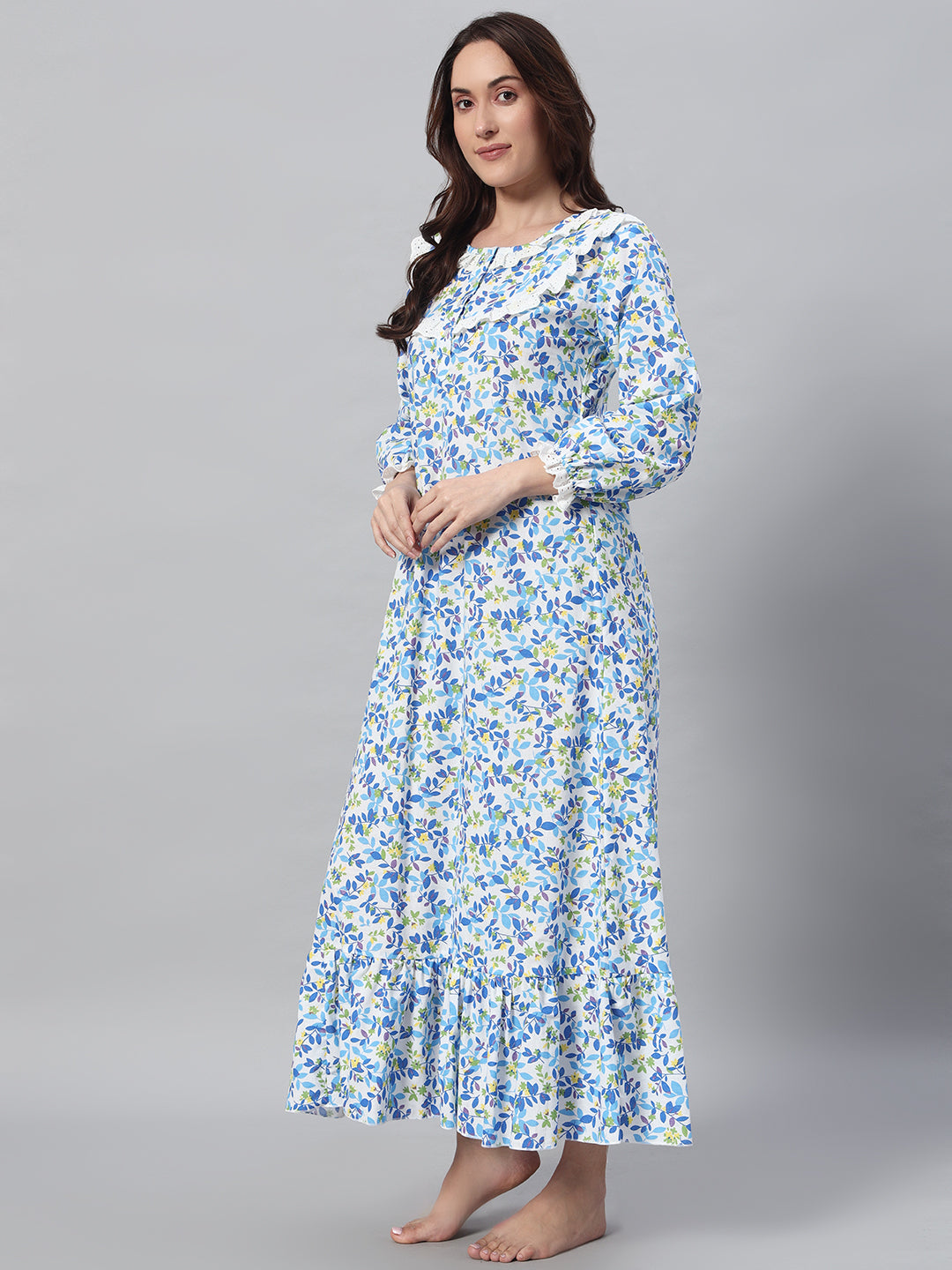 🌸 Blue Floral Printed Night Gown – Soft & Elegant Sleepwear