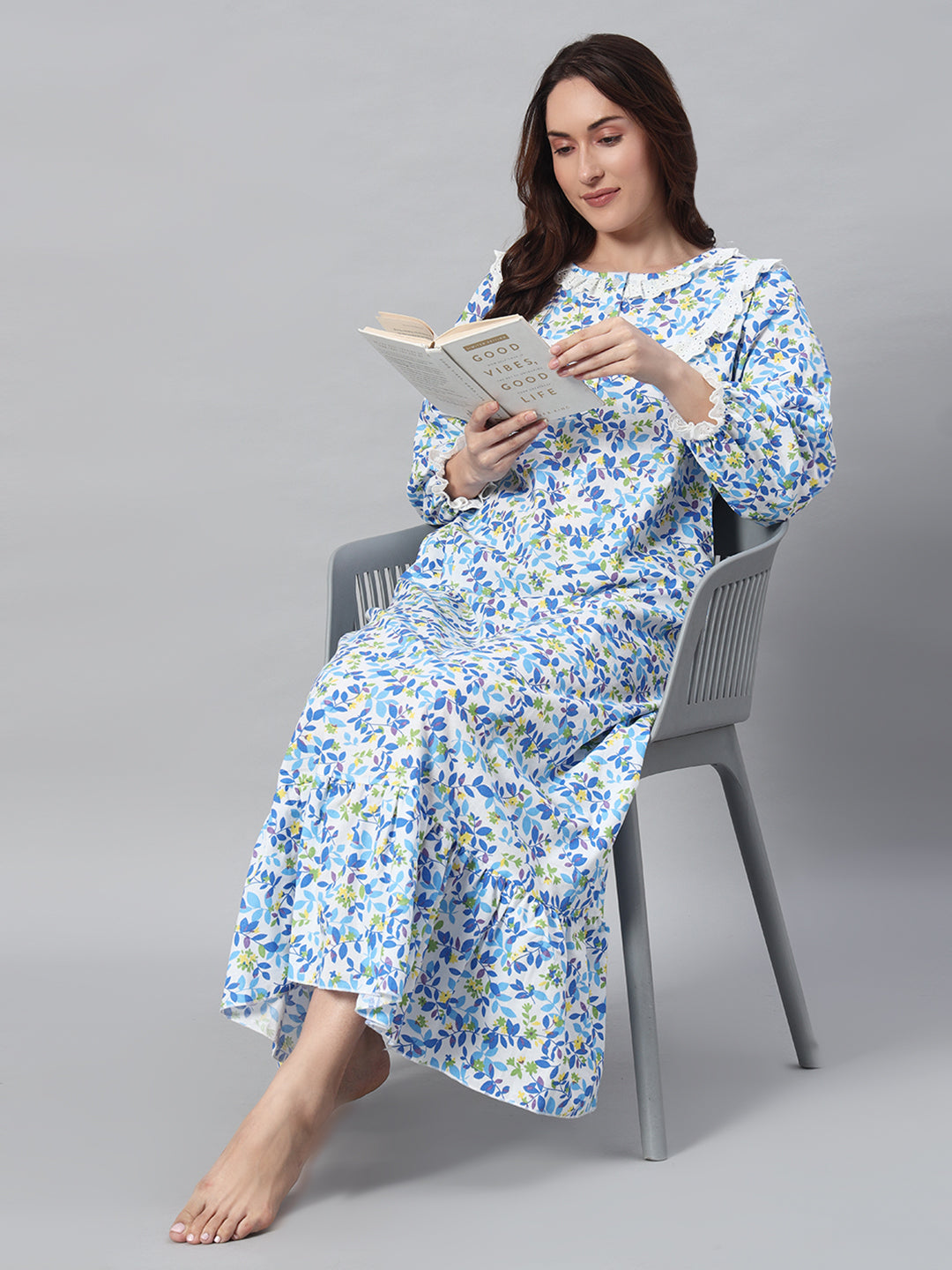 🌸 Blue Floral Printed Night Gown – Soft & Elegant Sleepwear