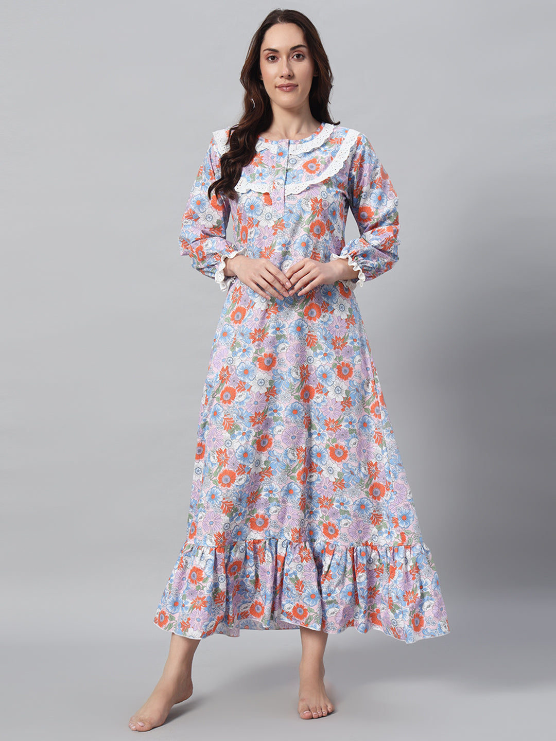 🌸 Multicolor Floral Printed Night Gown – Elegant & Comfortable Sleepwear