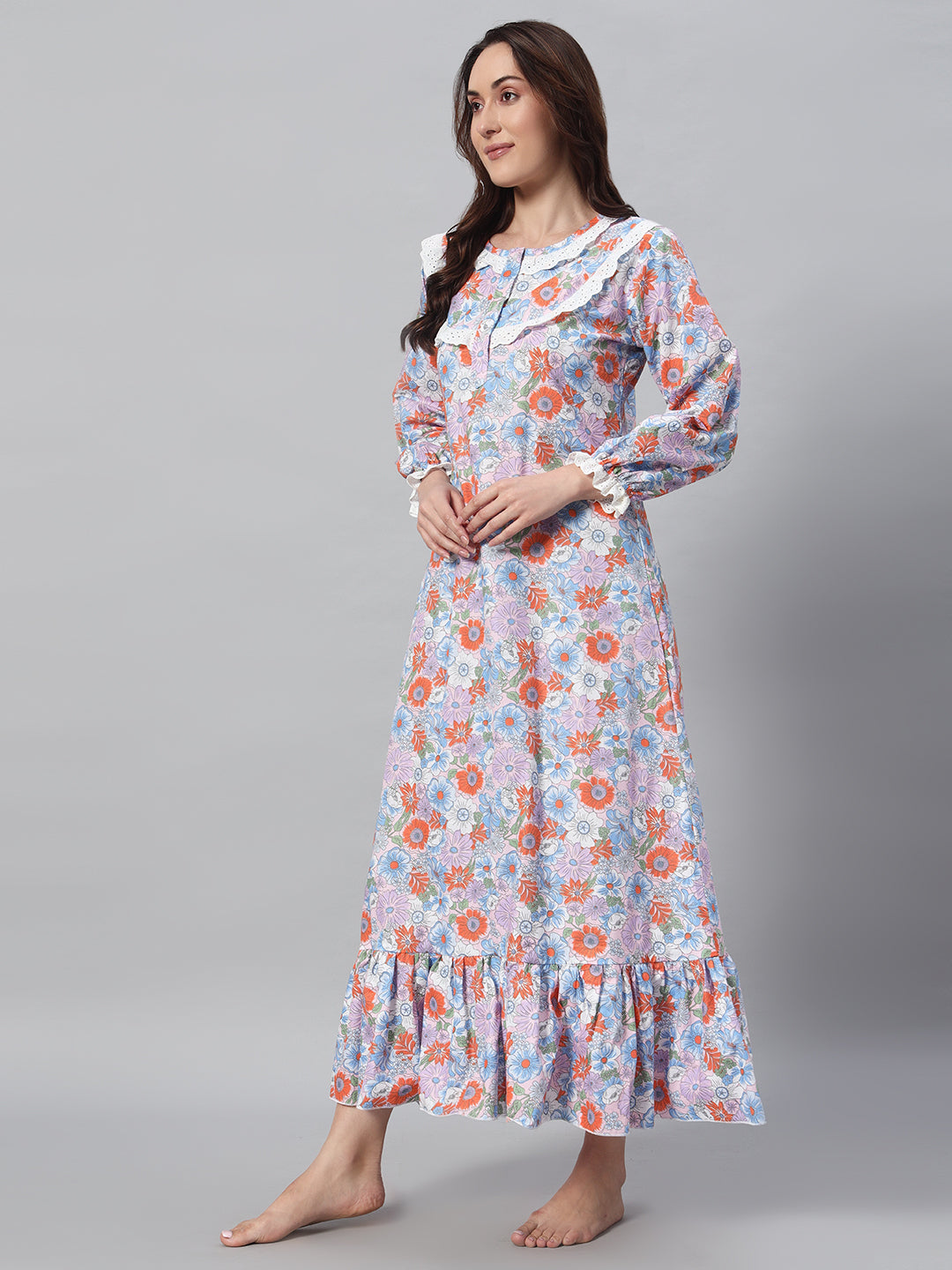 🌸 Multicolor Floral Printed Night Gown – Elegant & Comfortable Sleepwear