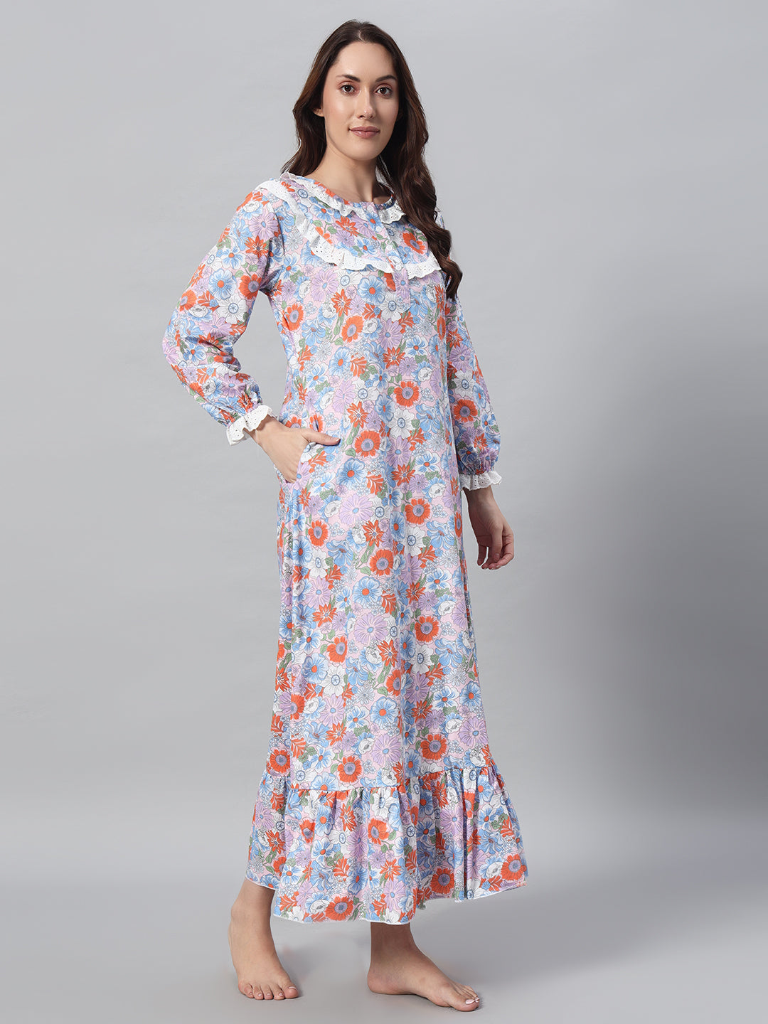 🌸 Multicolor Floral Printed Night Gown – Elegant & Comfortable Sleepwear