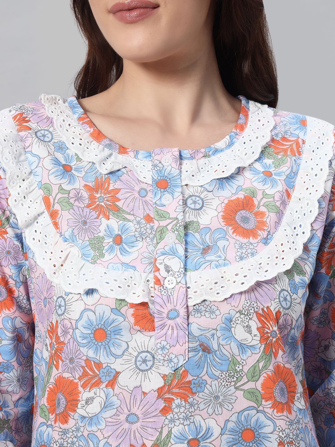 🌸 Multicolor Floral Printed Night Gown – Elegant & Comfortable Sleepwear