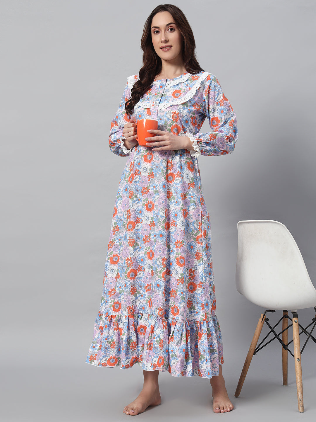 🌸 Multicolor Floral Printed Night Gown – Elegant & Comfortable Sleepwear