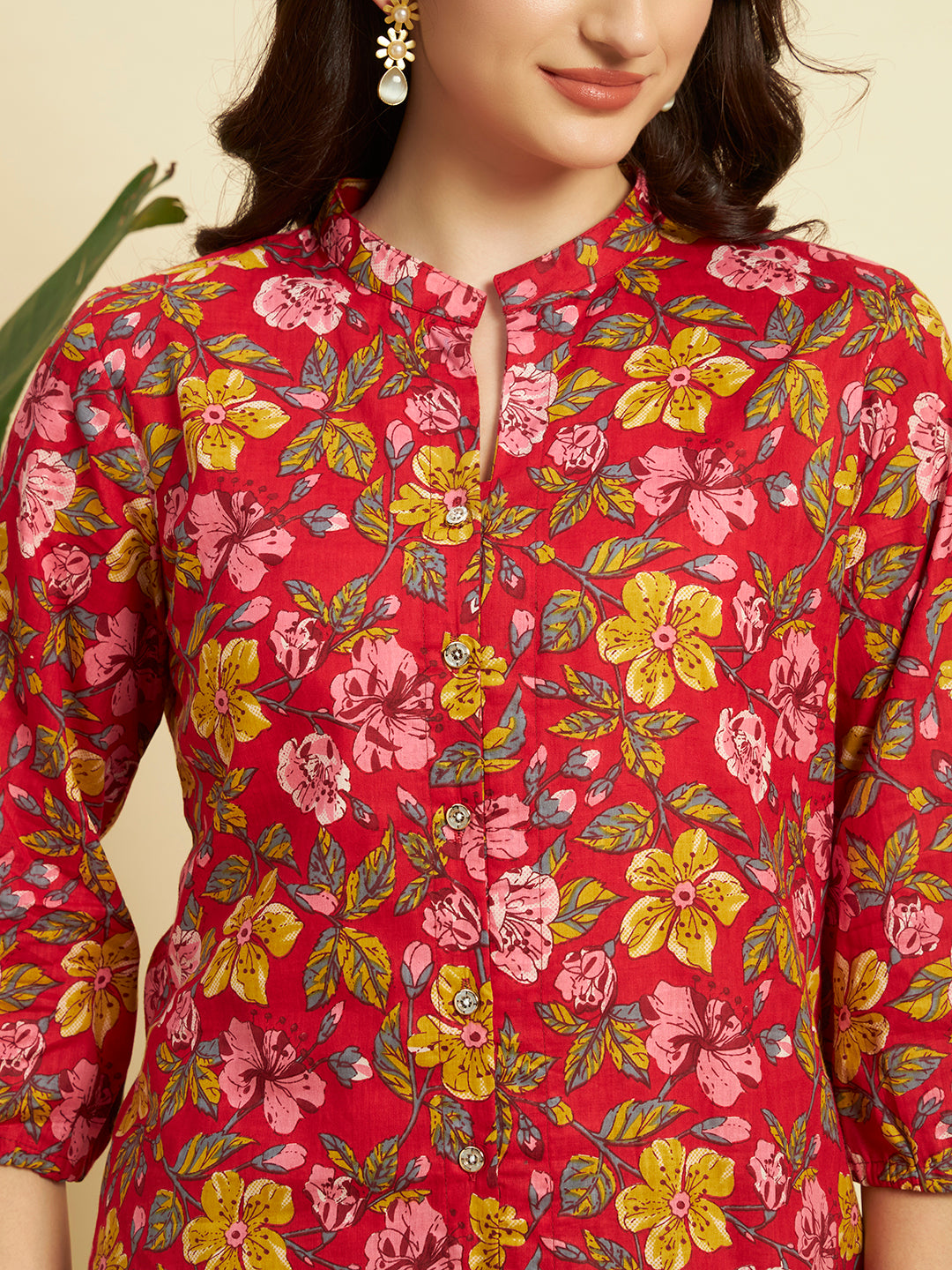 Women’s Red Floral Printed Kurta Set with Pants