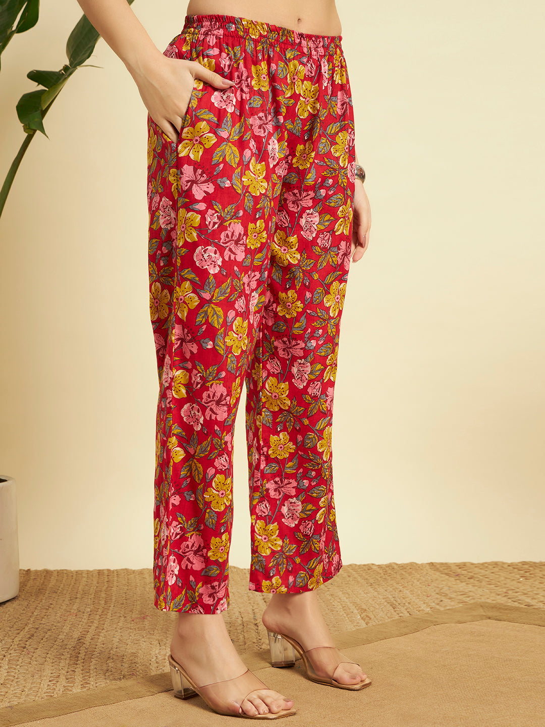 Women’s Red Floral Printed Kurta Set with Pants