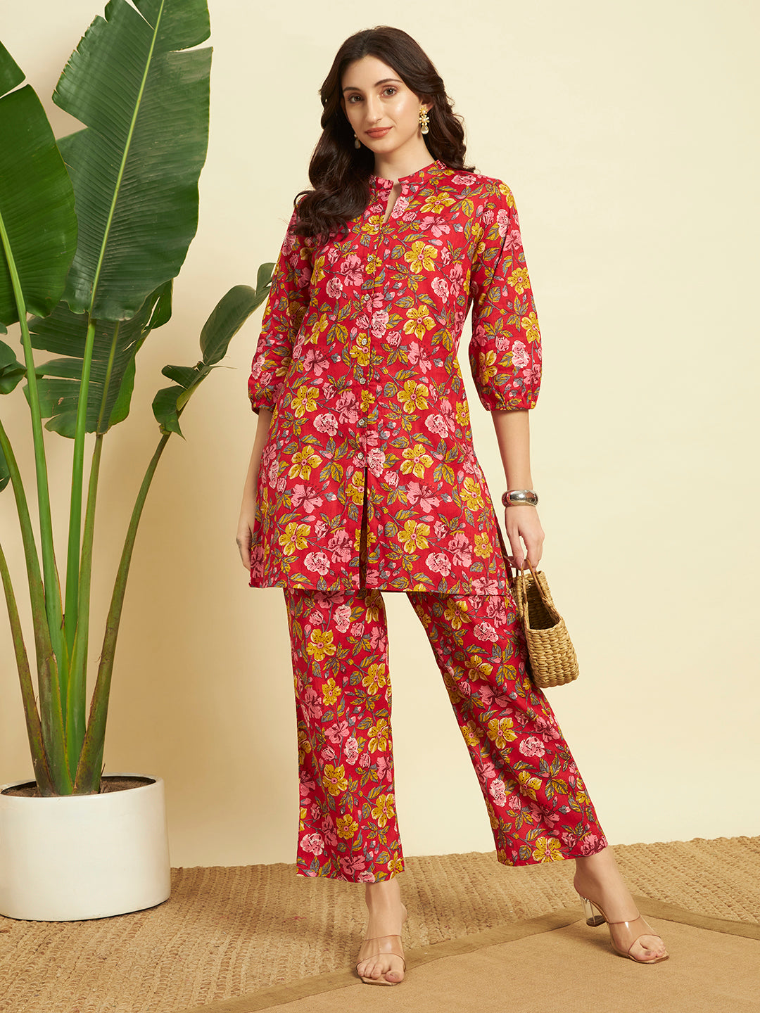 Women’s Red Floral Printed Kurta Set with Pants
