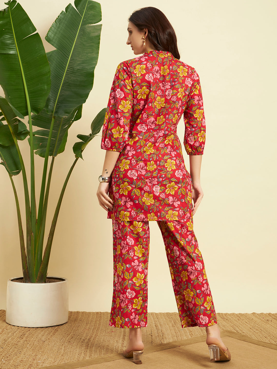 Women’s Red Floral Printed Kurta Set with Pants