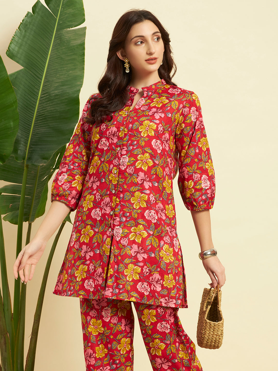 Women’s Red Floral Printed Kurta Set with Pants