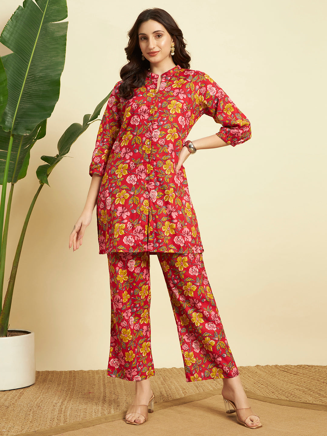 Women’s Red Floral Printed Kurta Set with Pants
