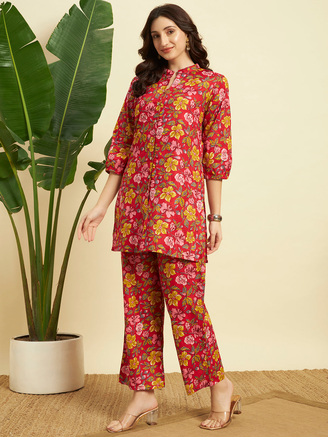 Women’s Red Floral Printed Kurta Set with Pants