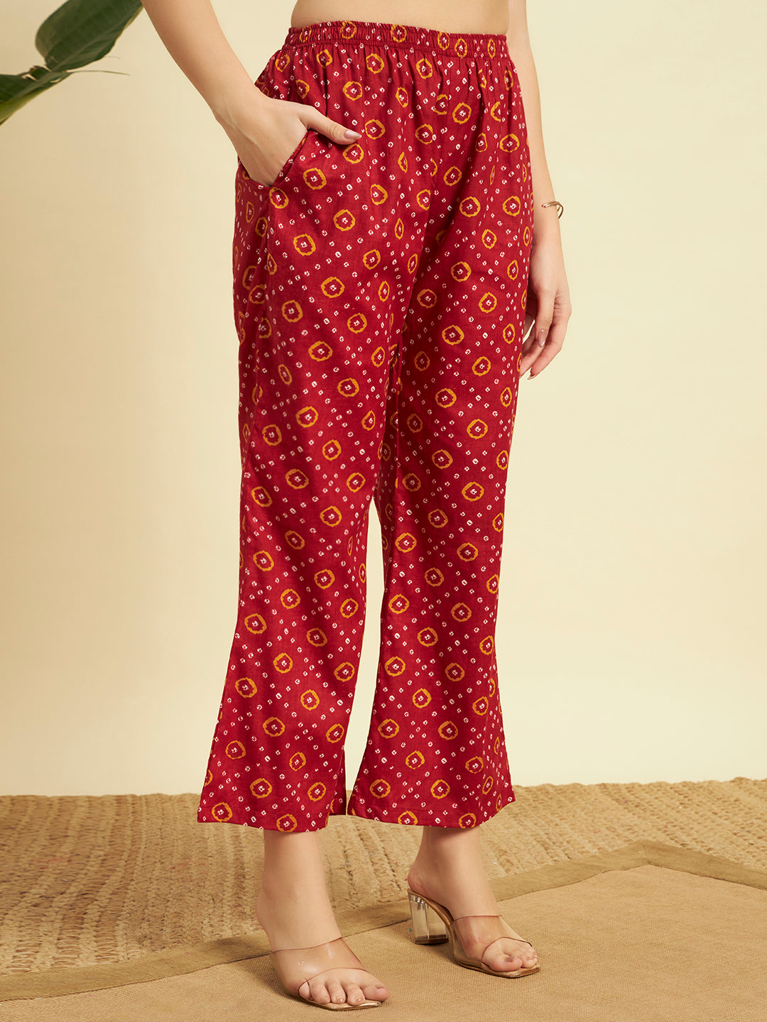 Maroon Bandhani Printed Kurta & Pant Co-Ord Set for Women