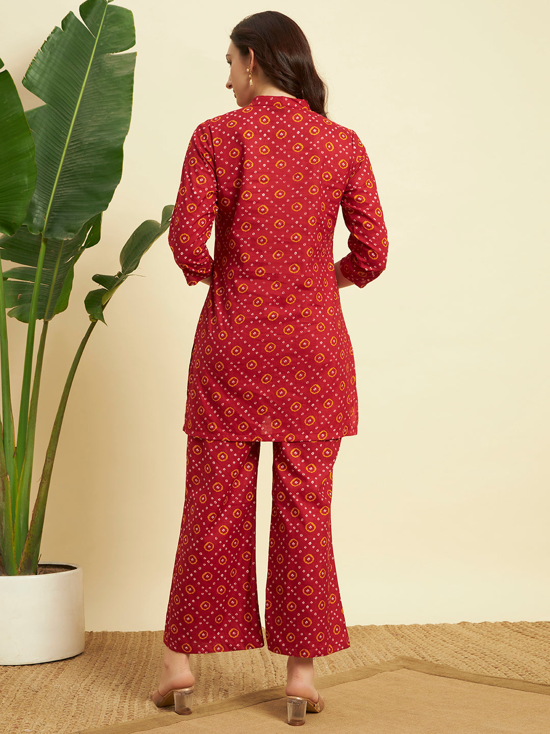 Maroon Bandhani Printed Kurta & Pant Co-Ord Set for Women