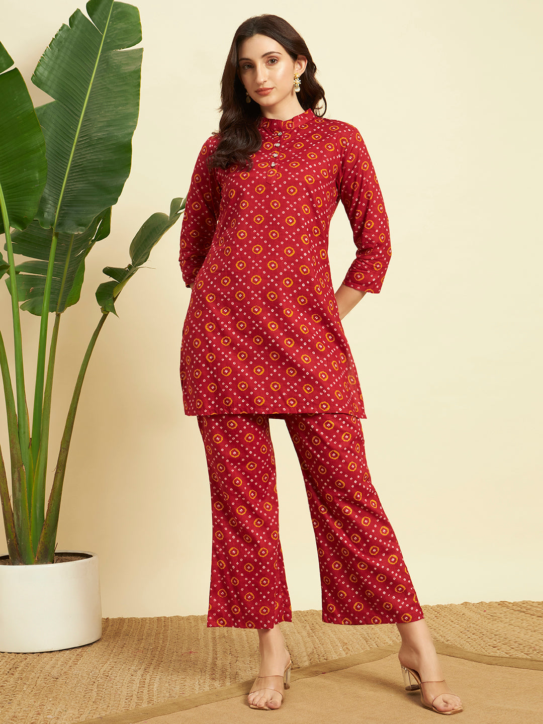 Maroon Bandhani Printed Kurta & Pant Co-Ord Set for Women