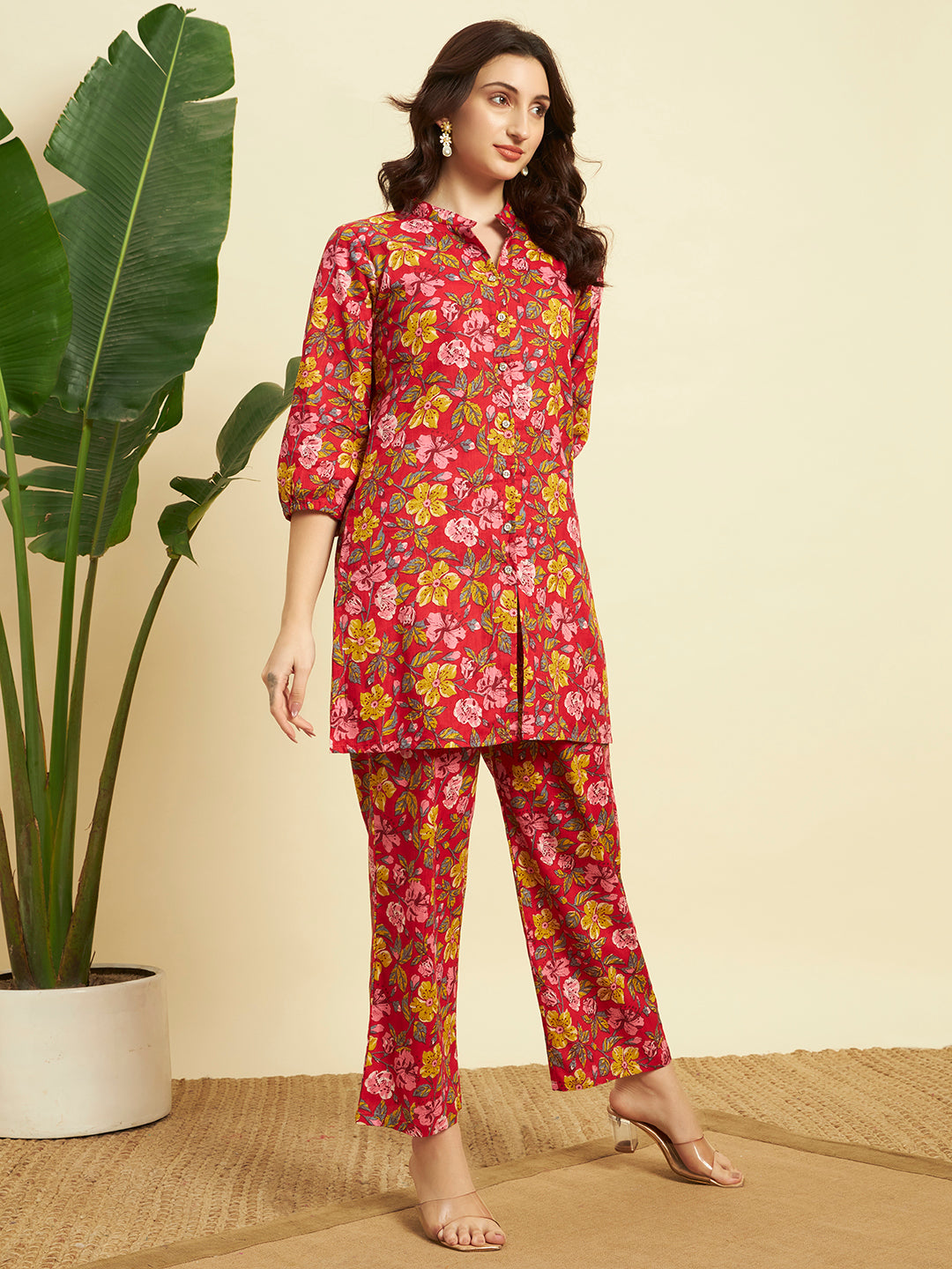 Women’s Red Floral Printed Kurta Set with Pants