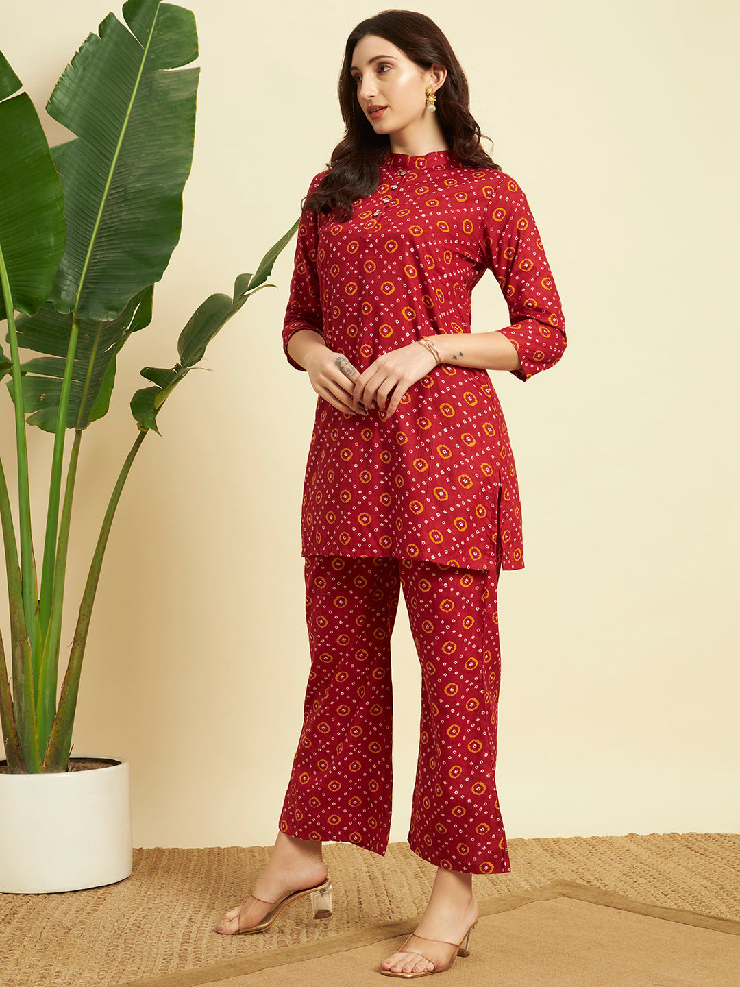 Maroon Bandhani Printed Kurta & Pant Co-Ord Set for Women