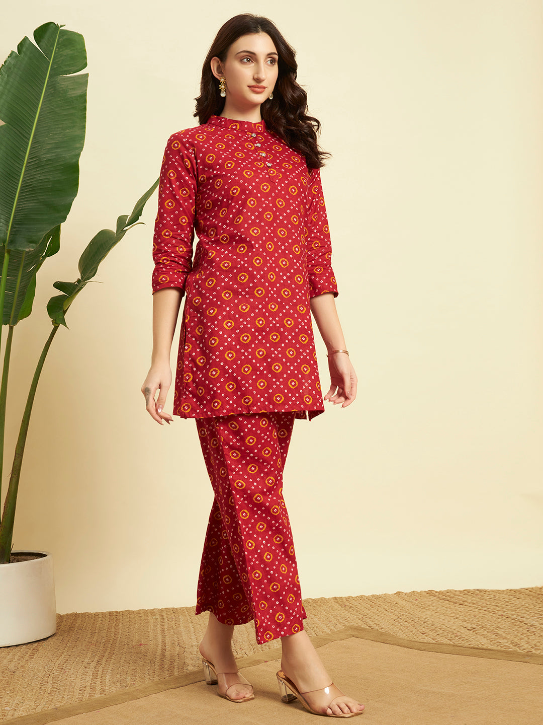 Maroon Bandhani Printed Kurta & Pant Co-Ord Set for Women