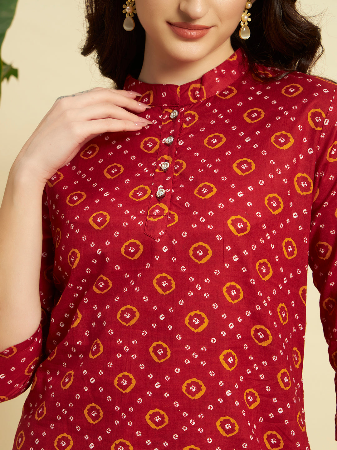 Maroon Bandhani Printed Kurta & Pant Co-Ord Set for Women