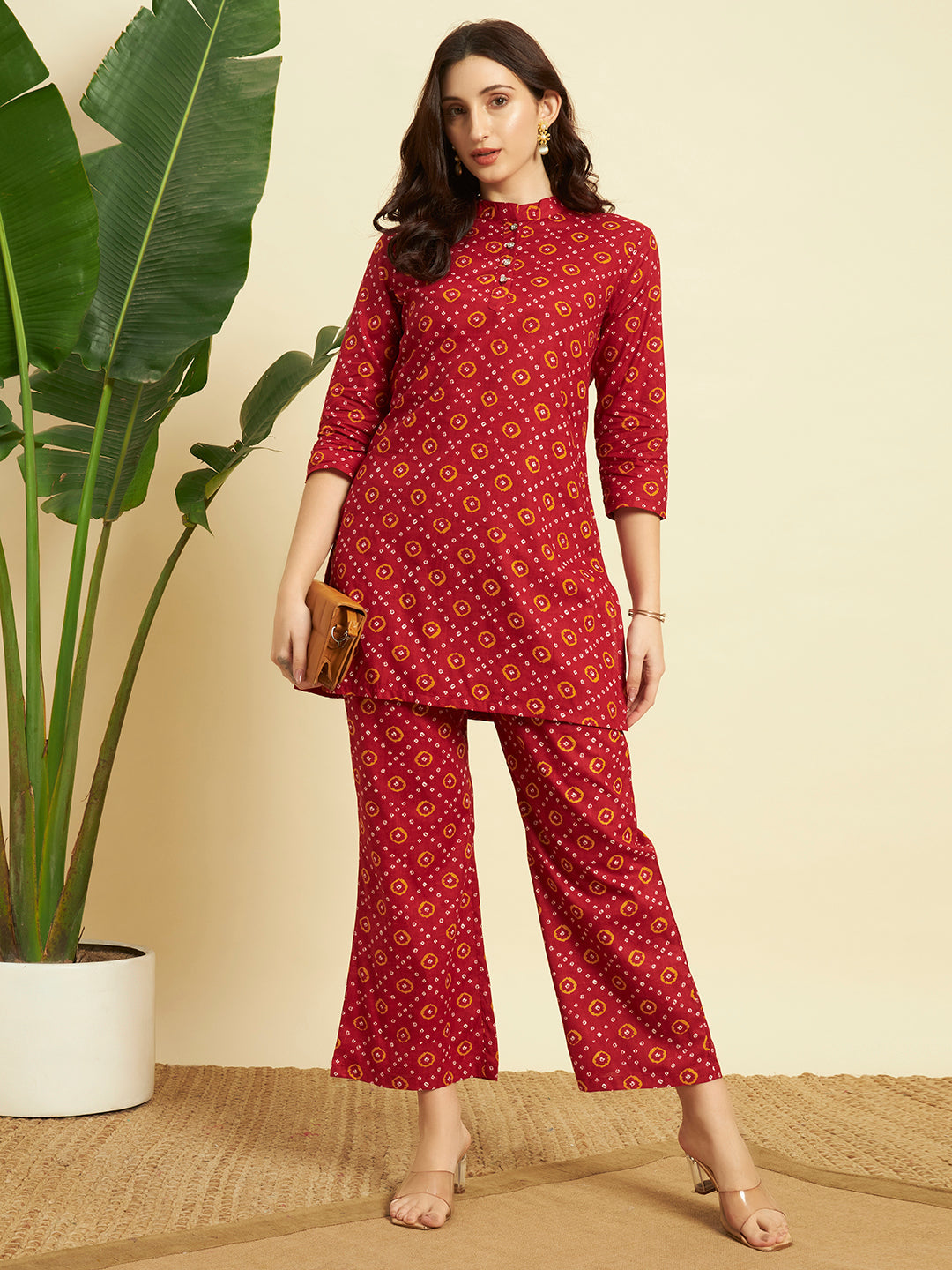 Maroon Bandhani Printed Kurta & Pant Co-Ord Set for Women