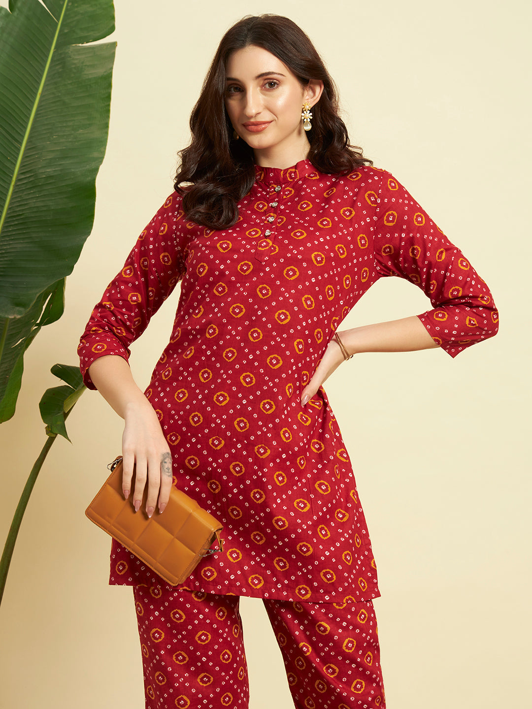 Maroon Bandhani Printed Kurta & Pant Co-Ord Set for Women