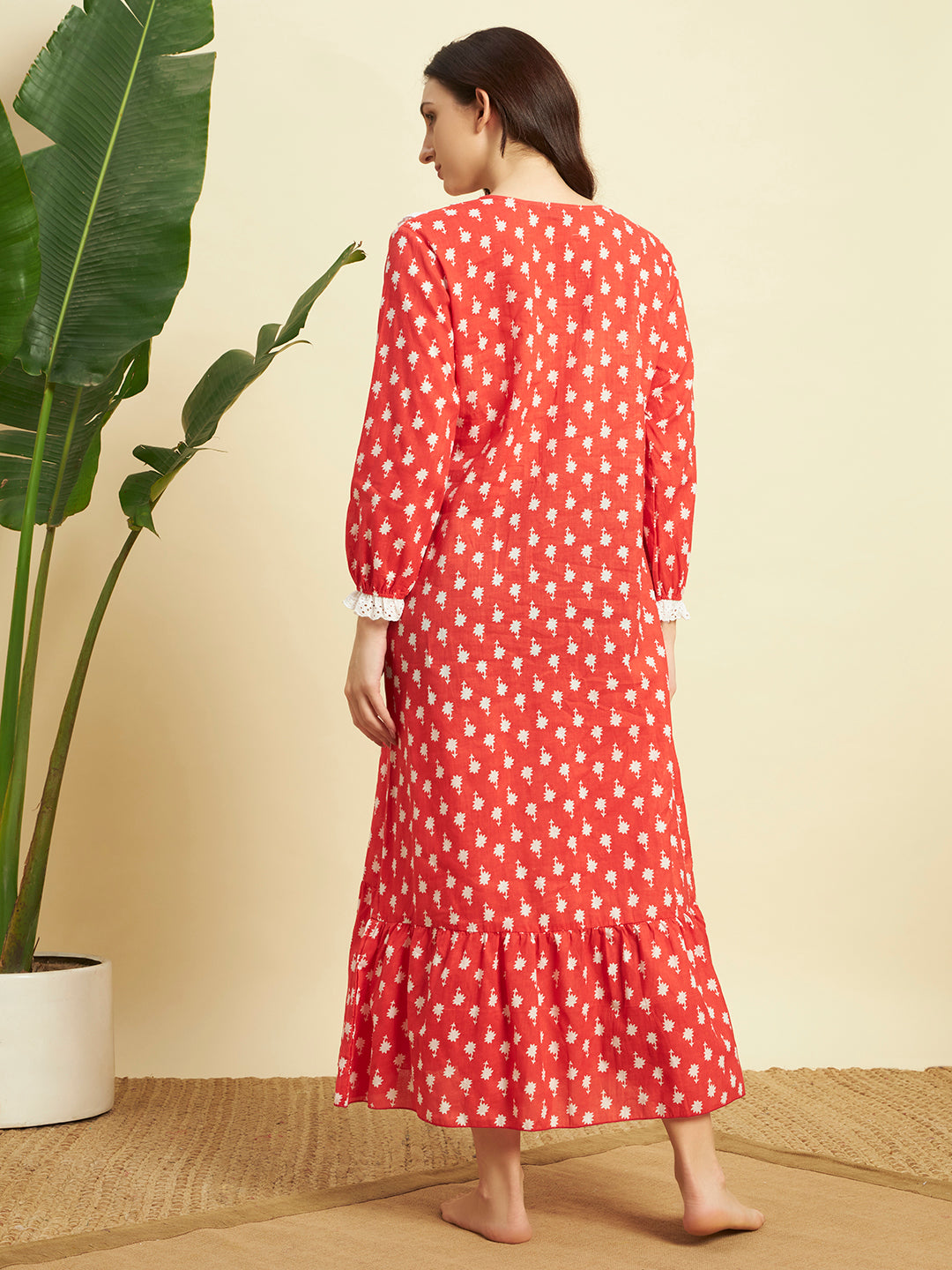 Women’s Cotton Printed Nighty – Red Floral Long Sleeve Night Gown