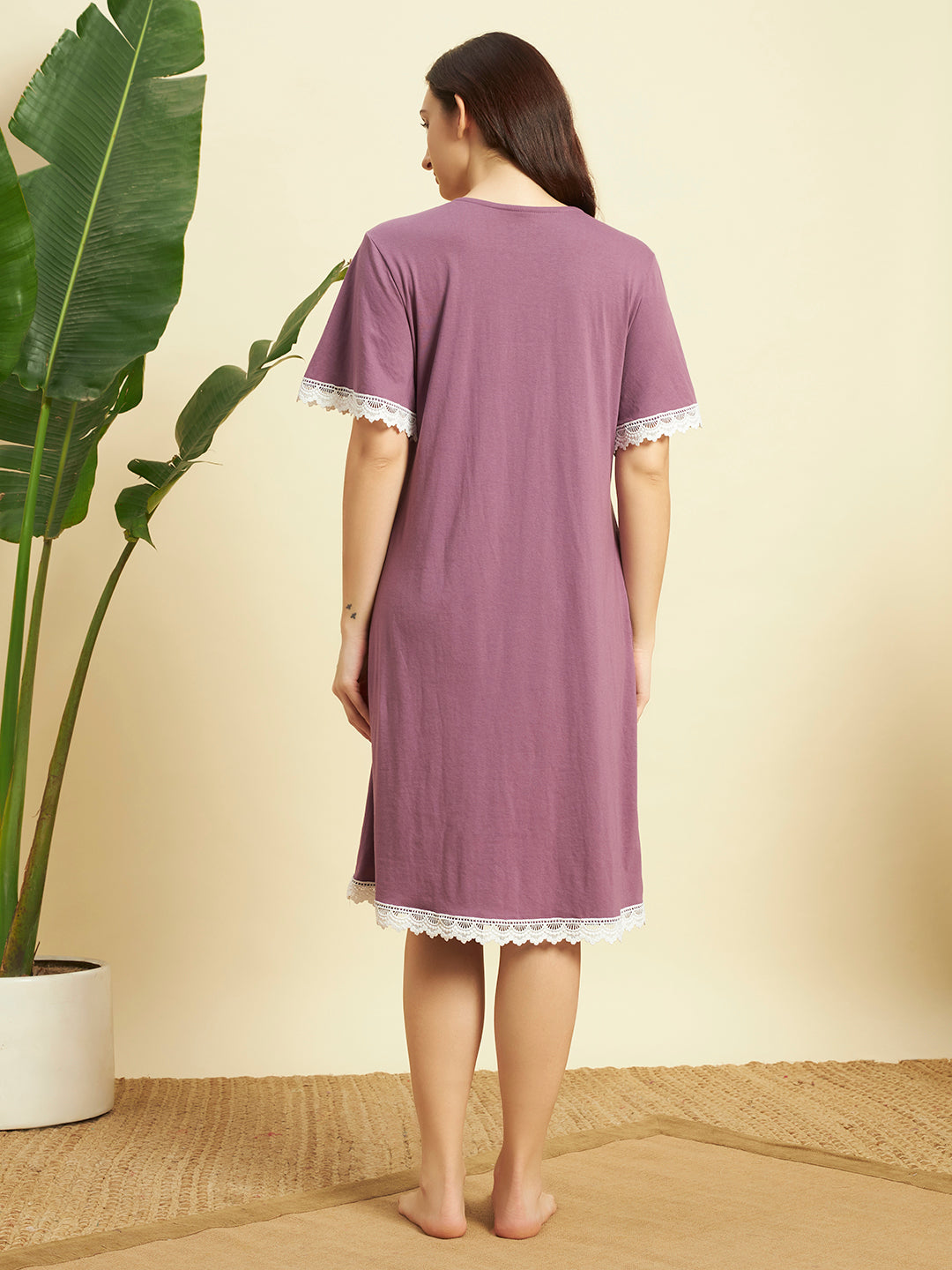 🌸 Mauve Cotton Lace Night Gown for Women – Elegant Short Sleeve Comfortable Nightwear