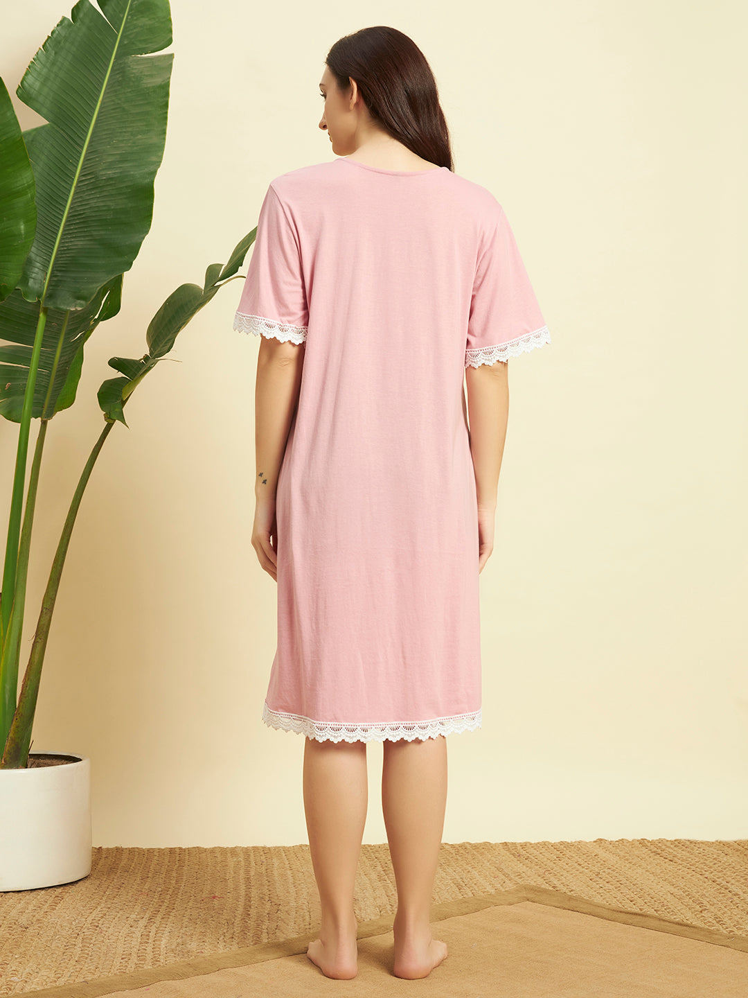 🌸 Pink Cotton Lace Night Gown for Women – Elegant Short Sleeve Comfortable Nightwear