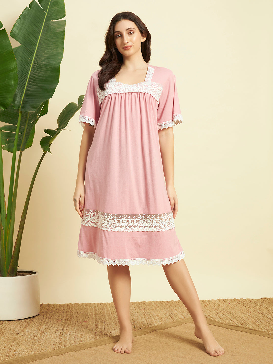🌸 Pink Cotton Lace Night Gown for Women – Elegant Short Sleeve Comfortable Nightwear