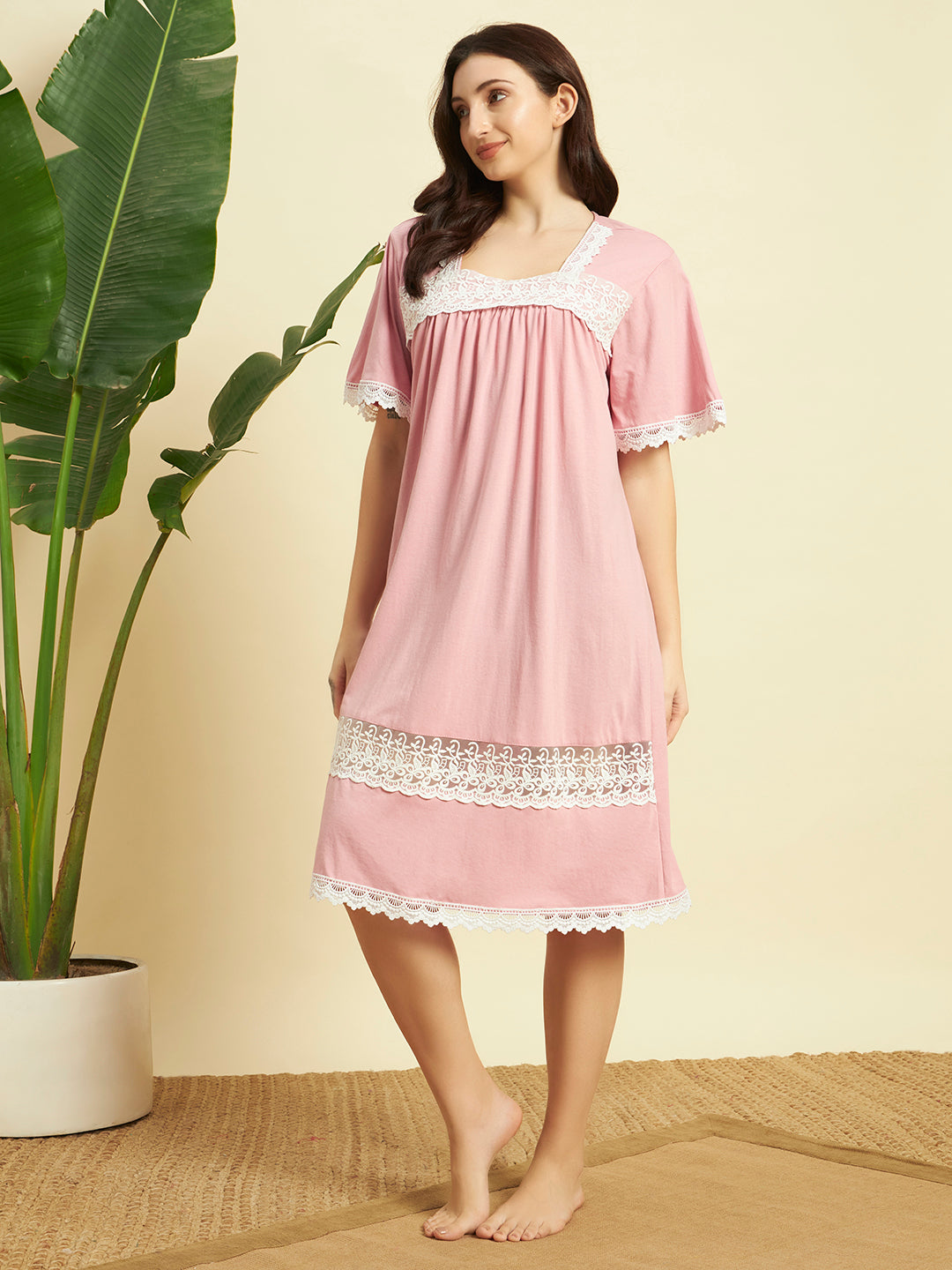 🌸 Pink Cotton Lace Night Gown for Women – Elegant Short Sleeve Comfortable Nightwear