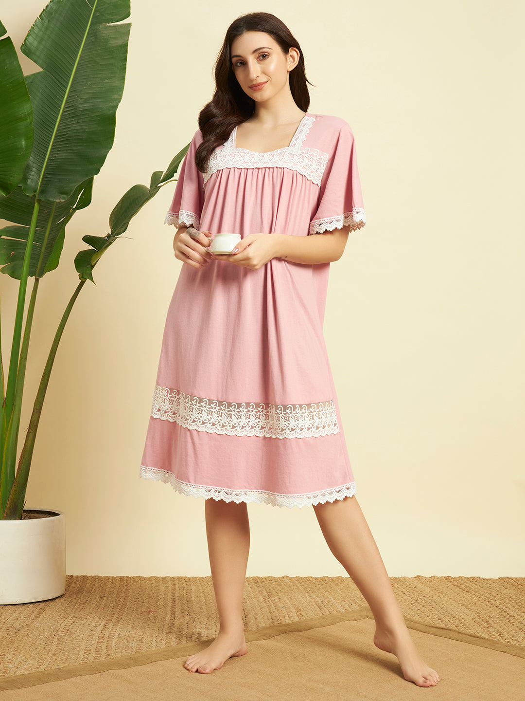 🌸 Pink Cotton Lace Night Gown for Women – Elegant Short Sleeve Comfortable Nightwear