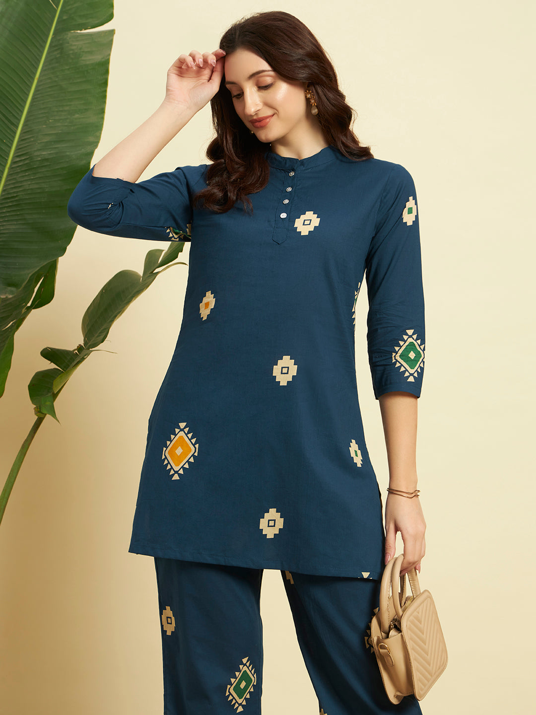 💙 Women Printed Kurta Pant Set – Teal Blue Ethnic Co-ord Set