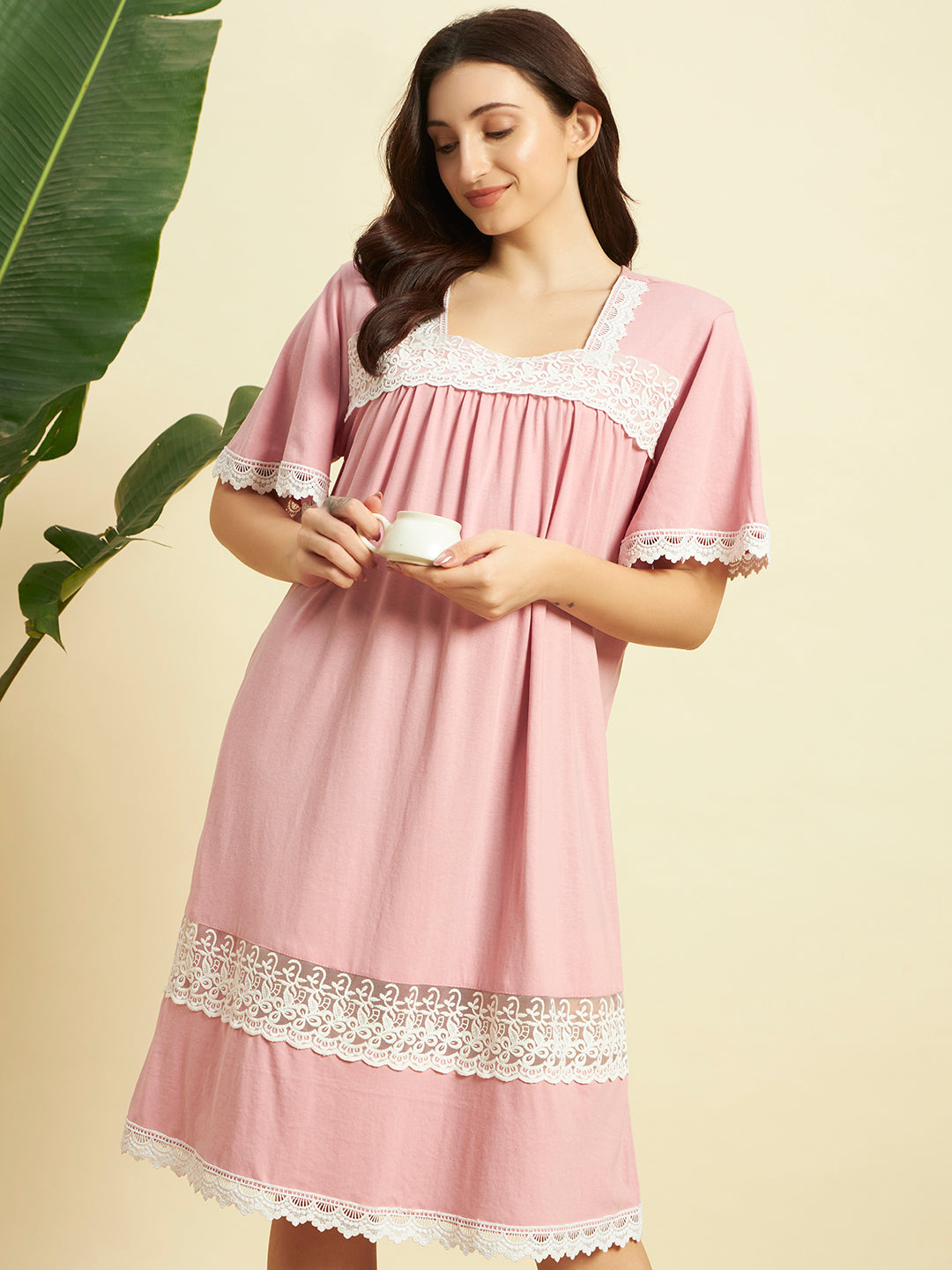 🌸 Pink Cotton Lace Night Gown for Women – Elegant Short Sleeve Comfortable Nightwear