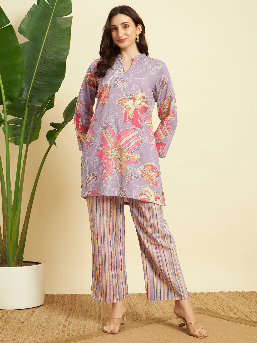 Women Floral Printed Kurta Pant Set – Lavender Ethnic Co-ord Set