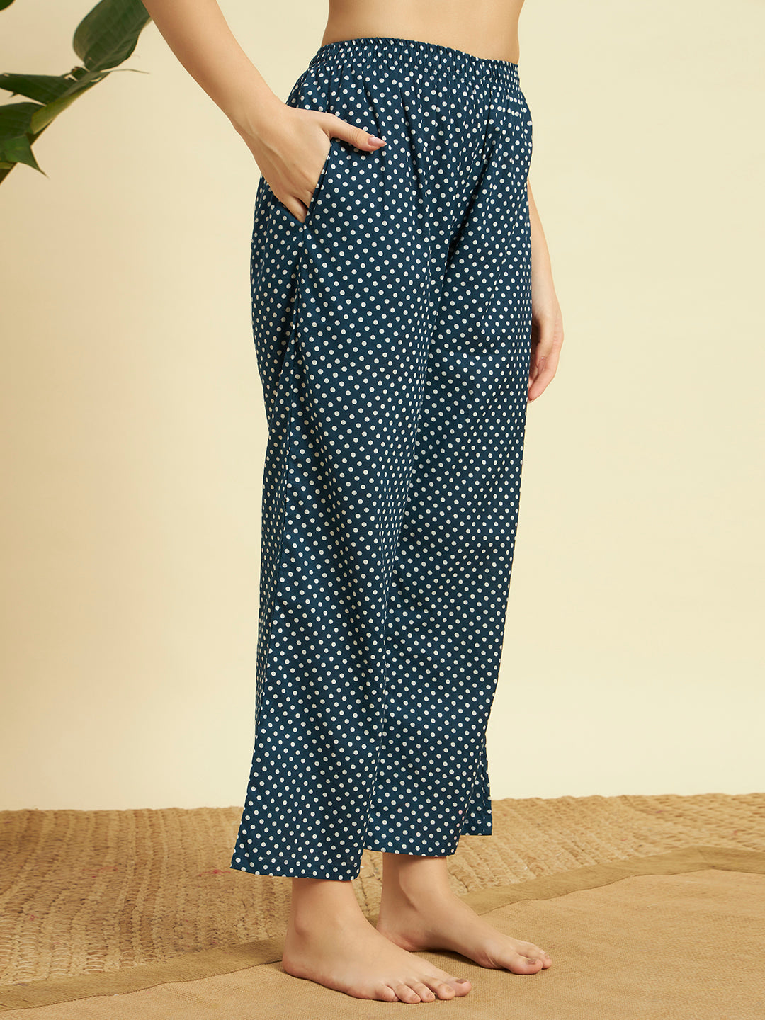 Women's Polka Dot Cotton Night Suit Set – Blue Printed Sleepwear