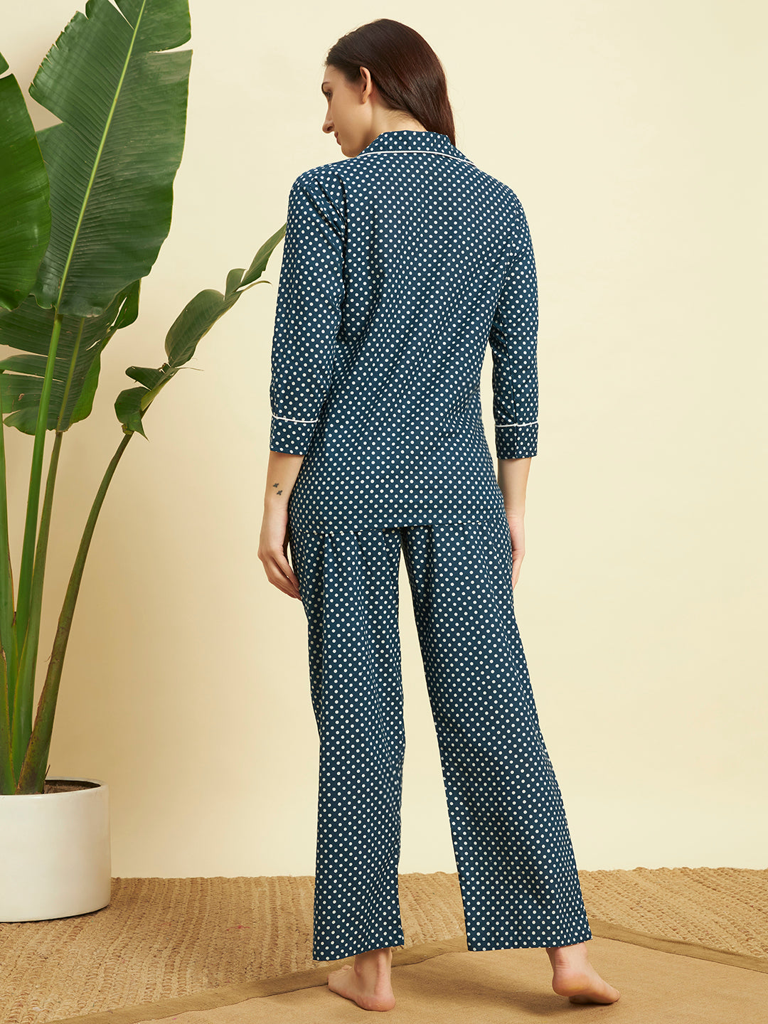 Women's Polka Dot Cotton Night Suit Set – Blue Printed Sleepwear