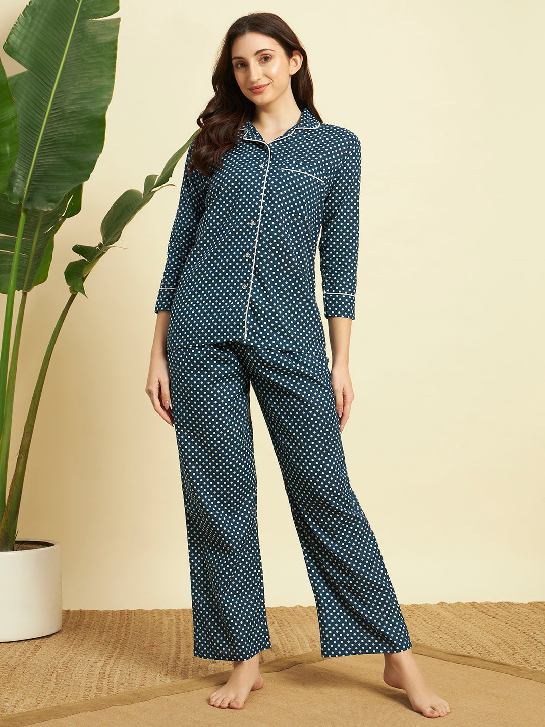Women's Polka Dot Cotton Night Suit Set – Blue Printed Sleepwear