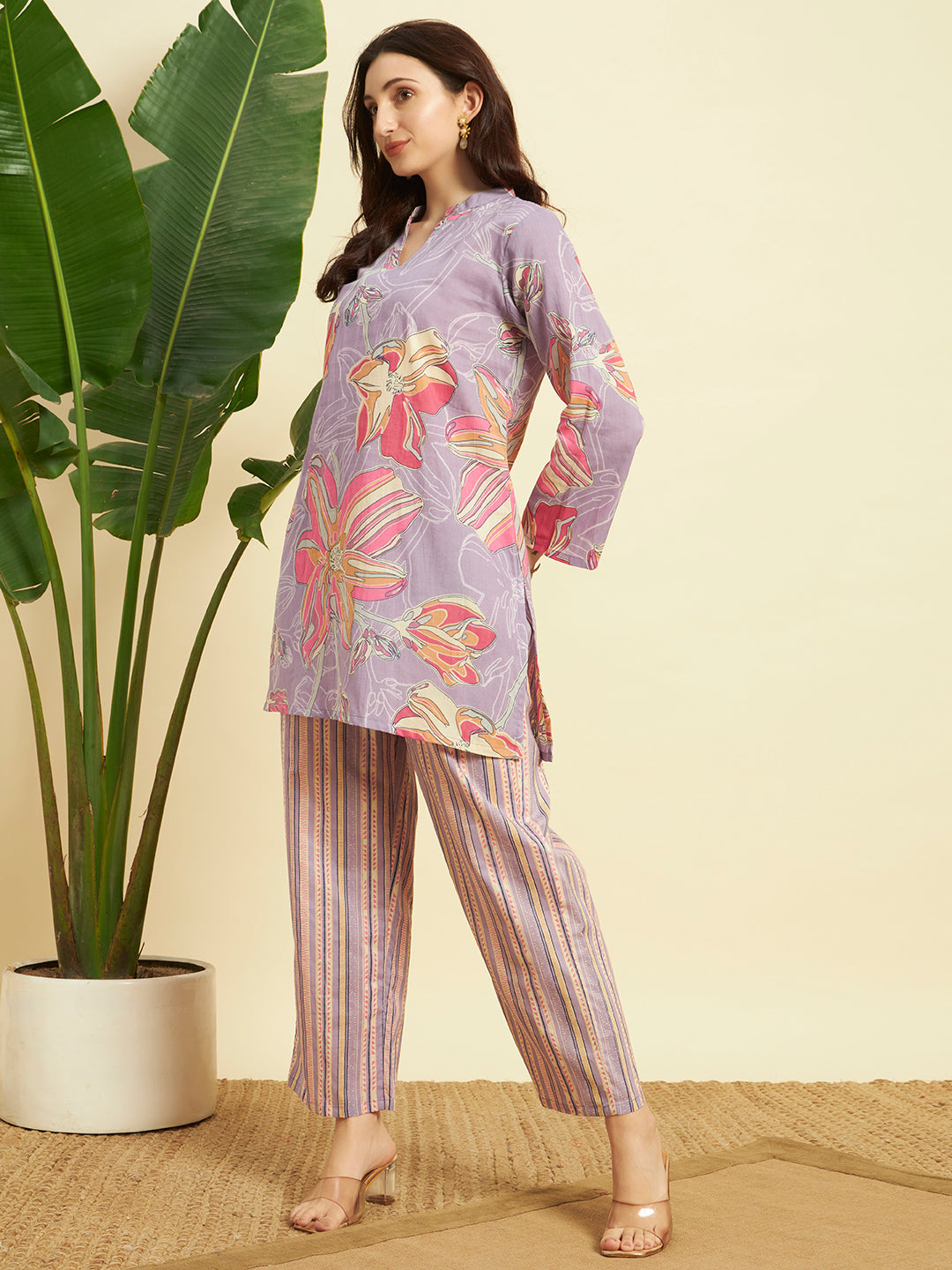 Women Floral Printed Kurta Pant Set – Lavender Ethnic Co-ord Set