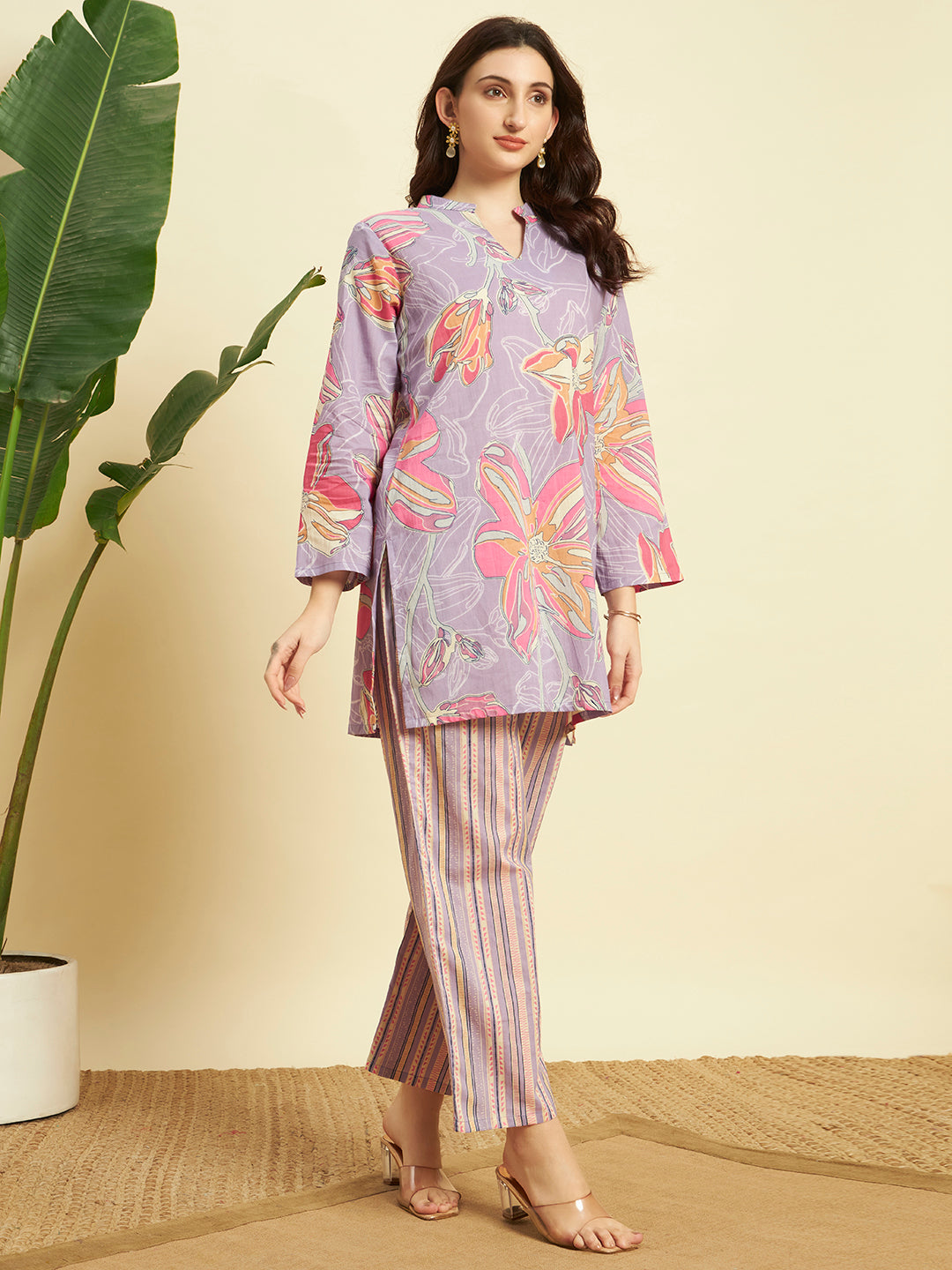Women Floral Printed Kurta Pant Set – Lavender Ethnic Co-ord Set