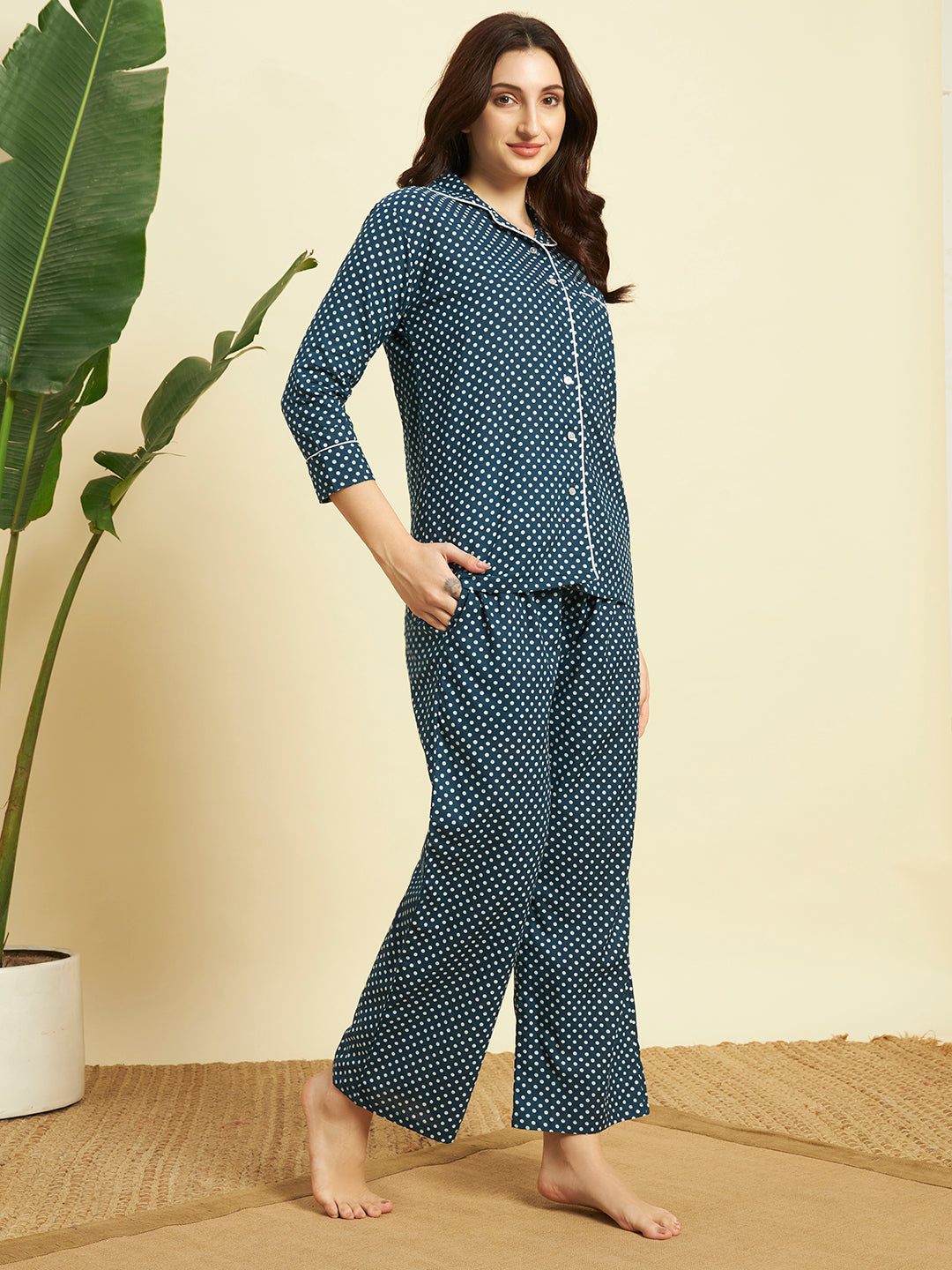 Women's Polka Dot Cotton Night Suit Set – Blue Printed Sleepwear