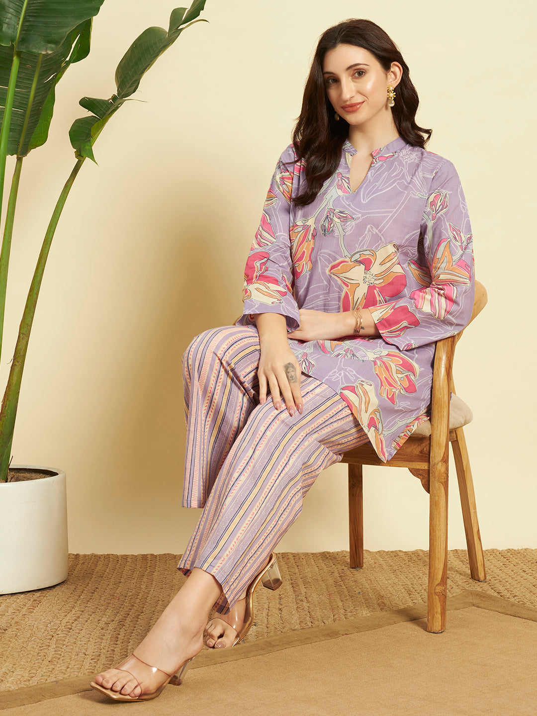 💜 Women Floral Printed Kurta Pant Set – Lavender Ethnic Co-ord Set