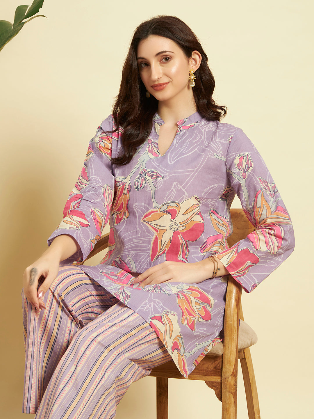 💜 Women Floral Printed Kurta Pant Set – Lavender Ethnic Co-ord Set