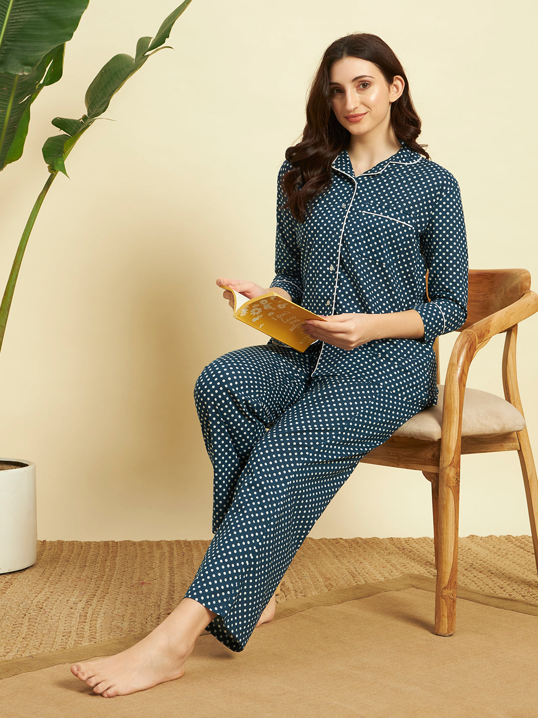 🔵 Women Polka Dot Cotton Night Suit Set – Blue Printed Sleepwear