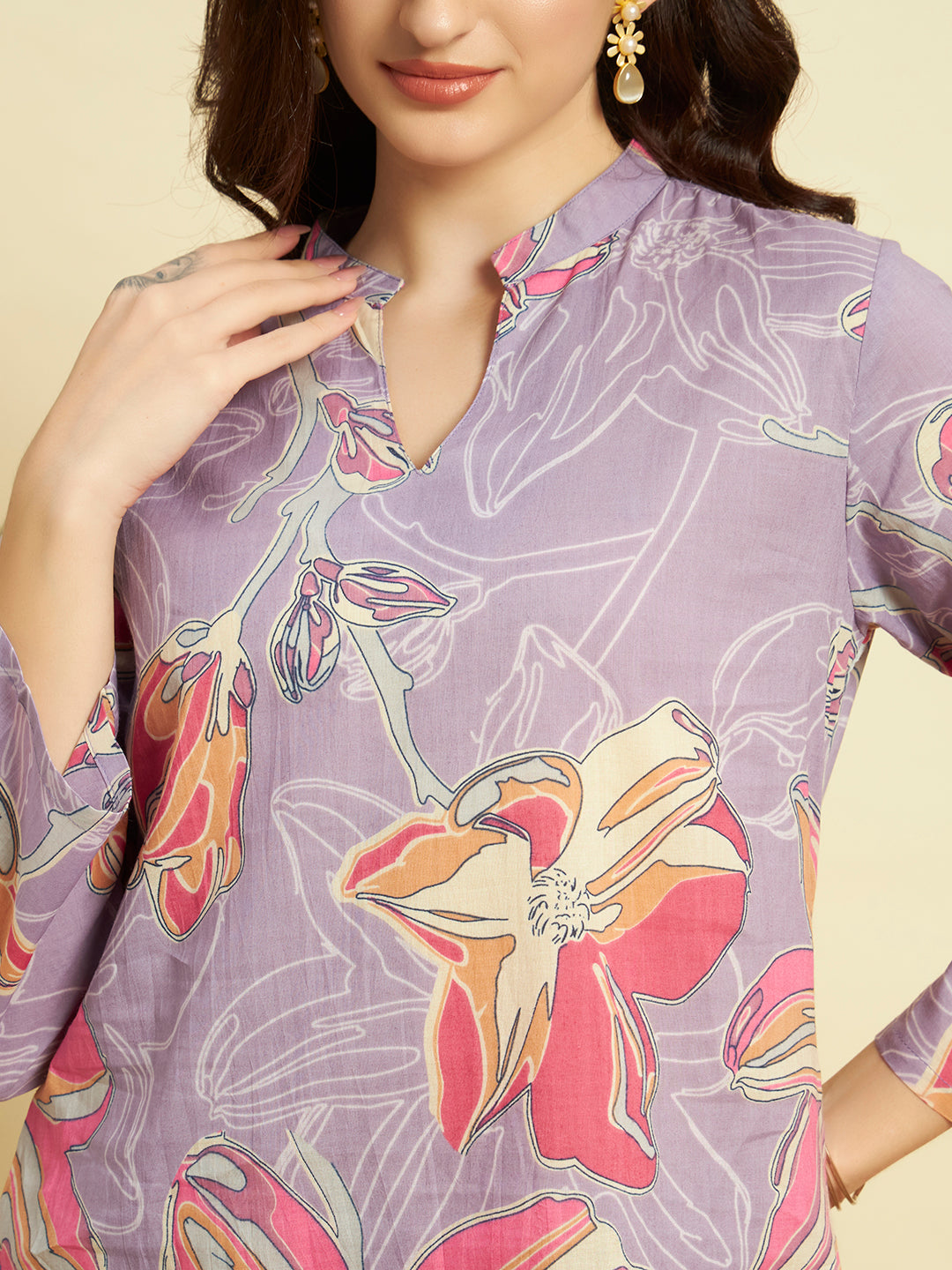 Women Floral Printed Kurta Pant Set – Lavender Ethnic Co-ord Set