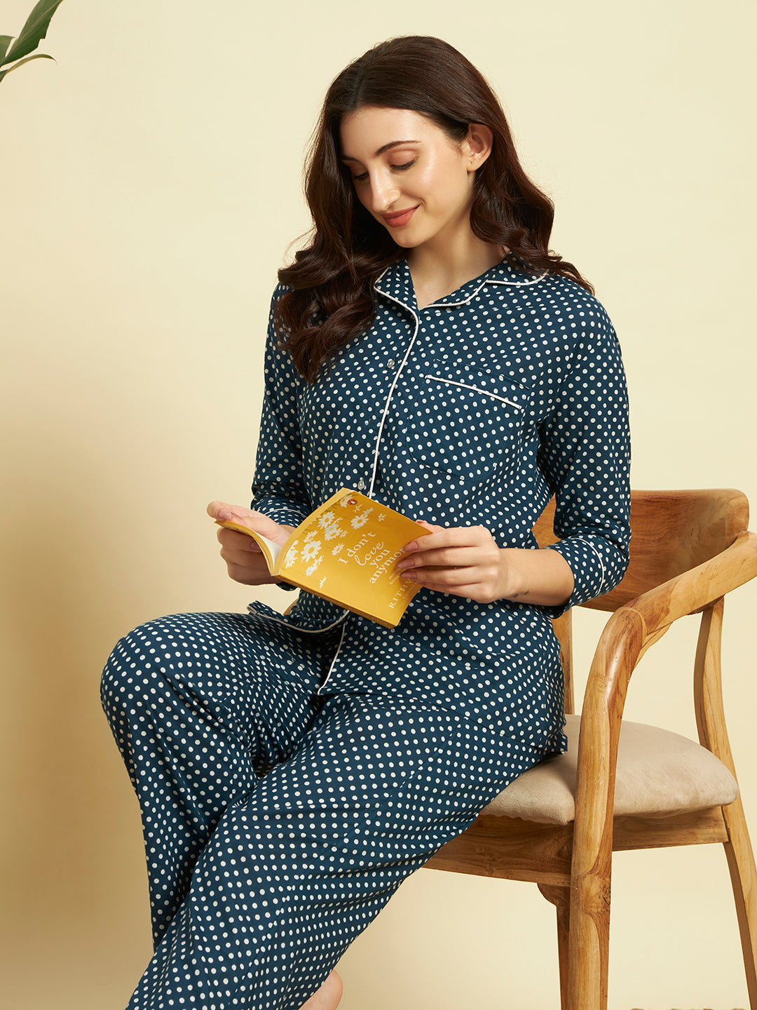 🔵 Women Polka Dot Cotton Night Suit Set – Blue Printed Sleepwear