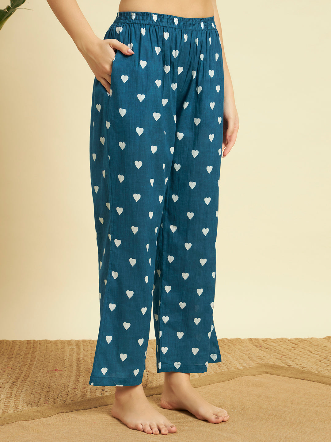 💙 Women Heart Printed Cotton Night Suit Set – Teal Blue Sleepwear
