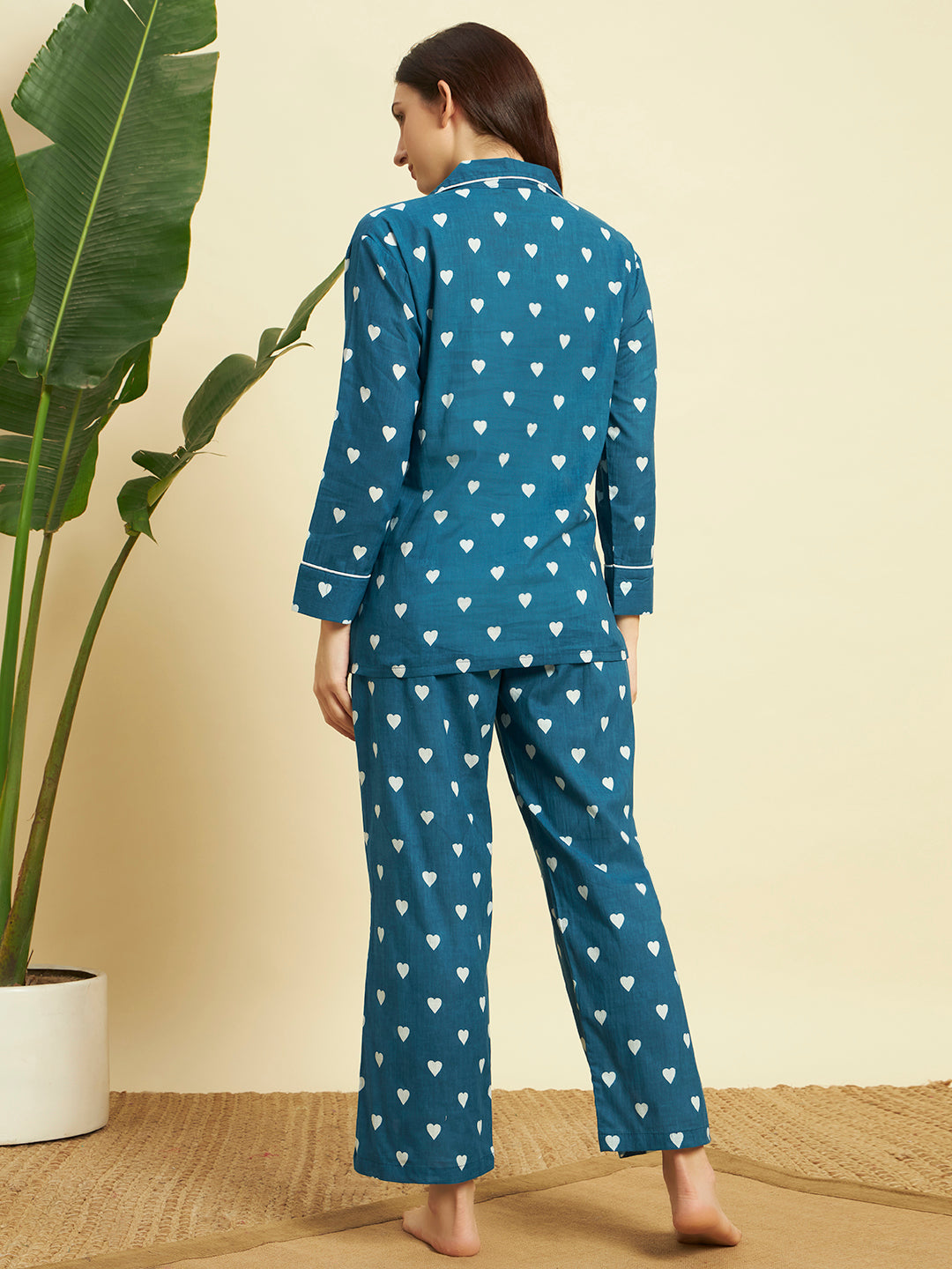 💙 Women Heart Printed Cotton Night Suit Set – Teal Blue Sleepwear