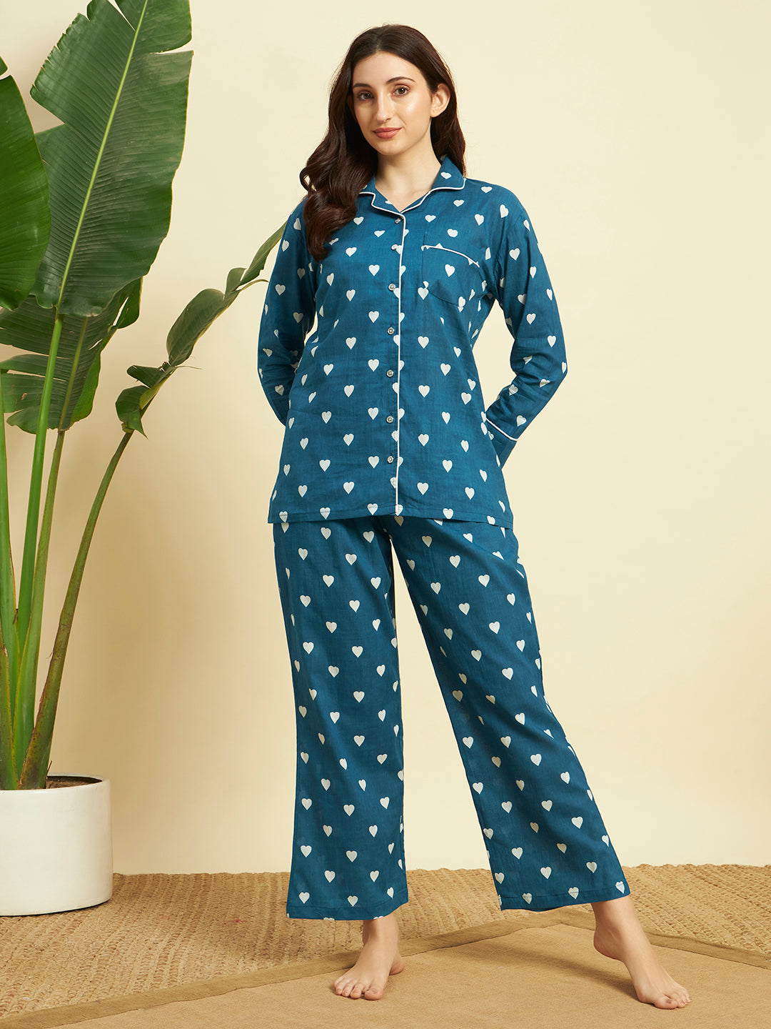 💙 Women Heart Printed Cotton Night Suit Set – Teal Blue Sleepwear